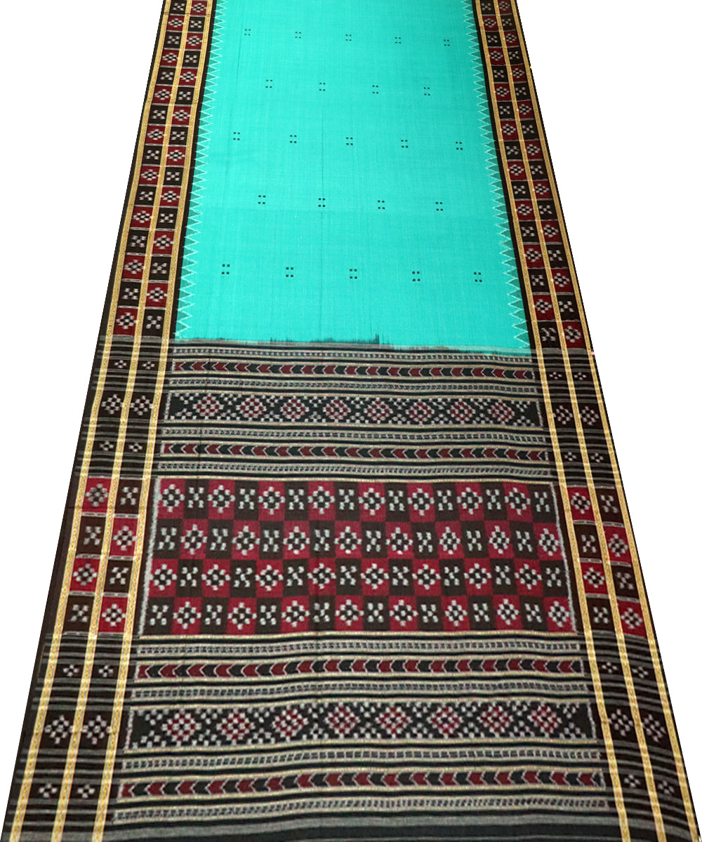 Cyan turquoise black cotton handloom nuapatna saree