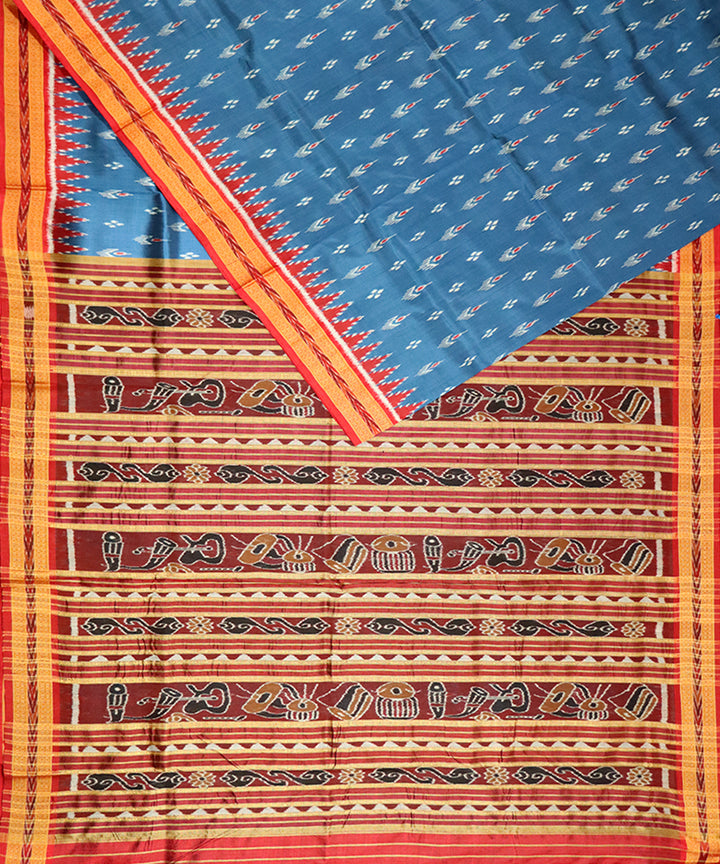 Bdazzled blue red silk handloom khandua saree