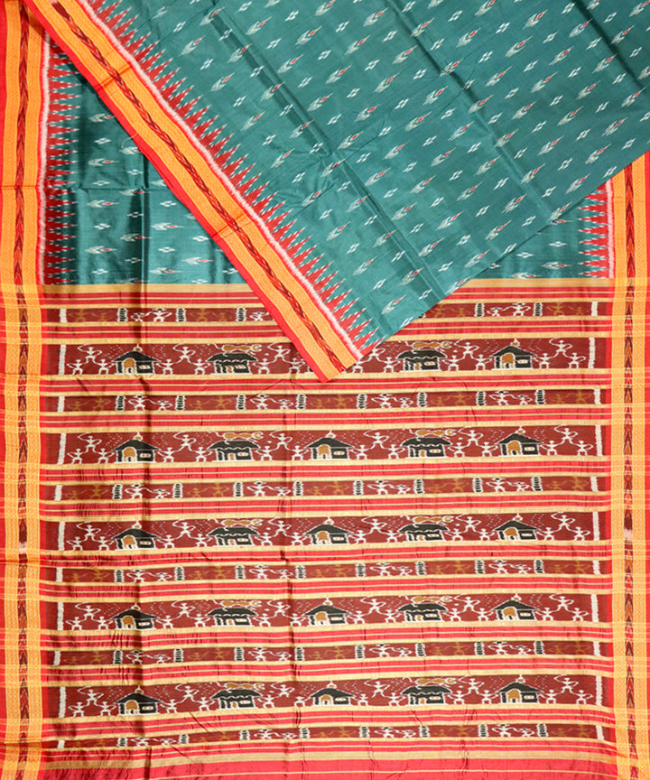 Celadon green red silk handloom khandua saree