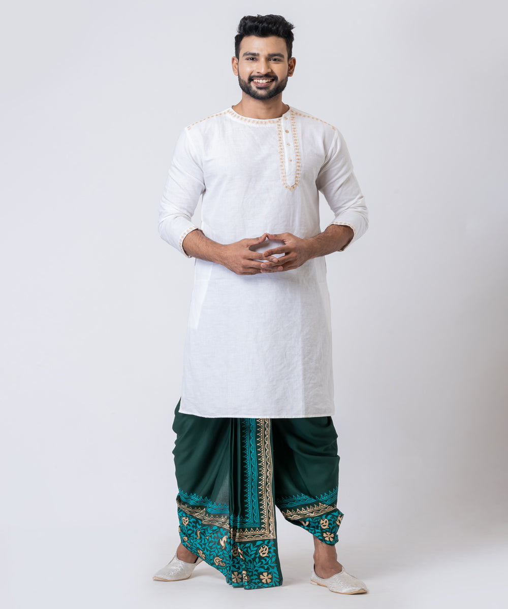 Dark green hand block printed cotton dhoti