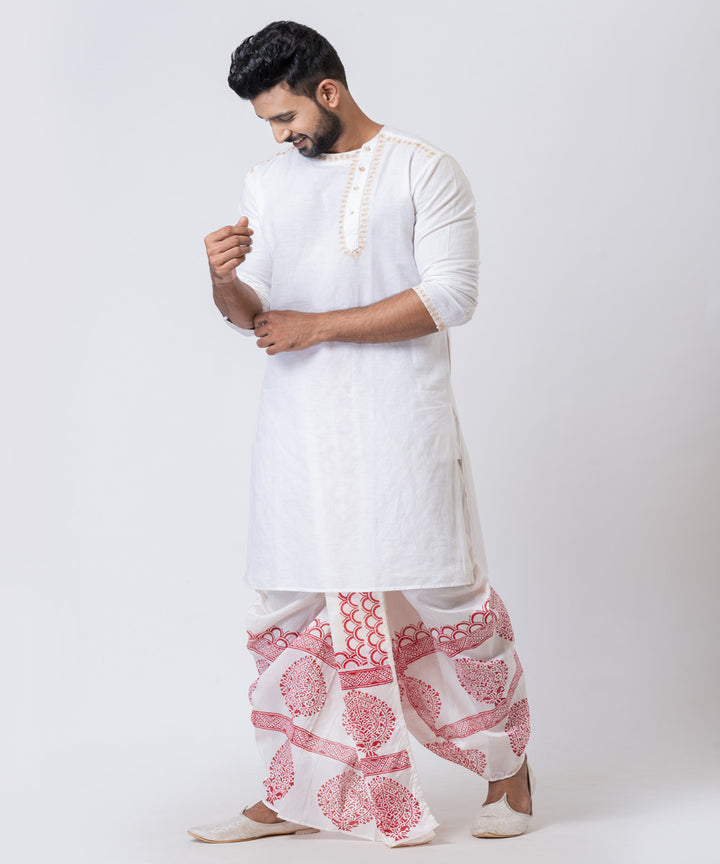 White red dupion silk hand block printed dhoti