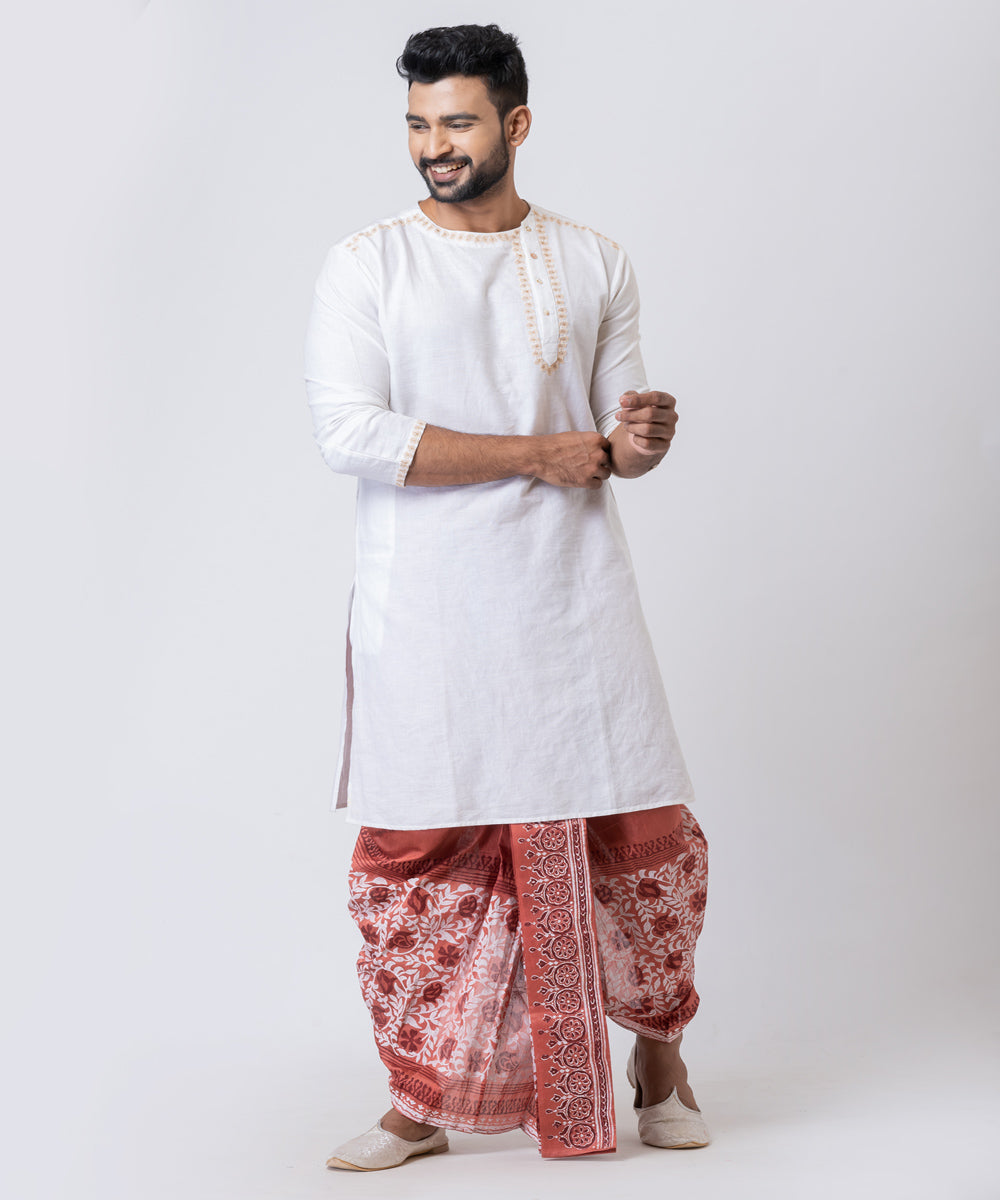 Peach dupion silk hand block printed dhoti