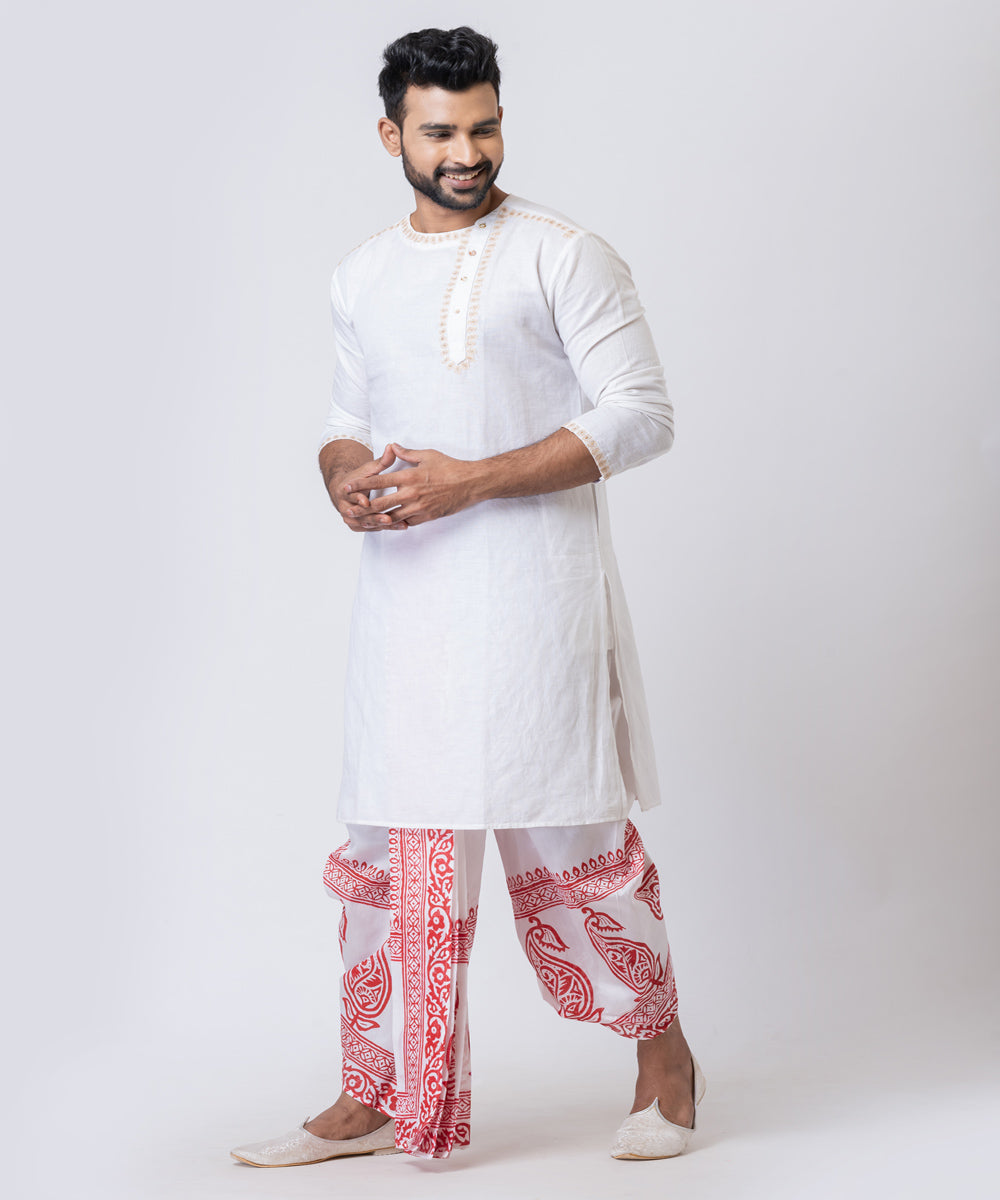 White red hand block printed dupion silk dhoti