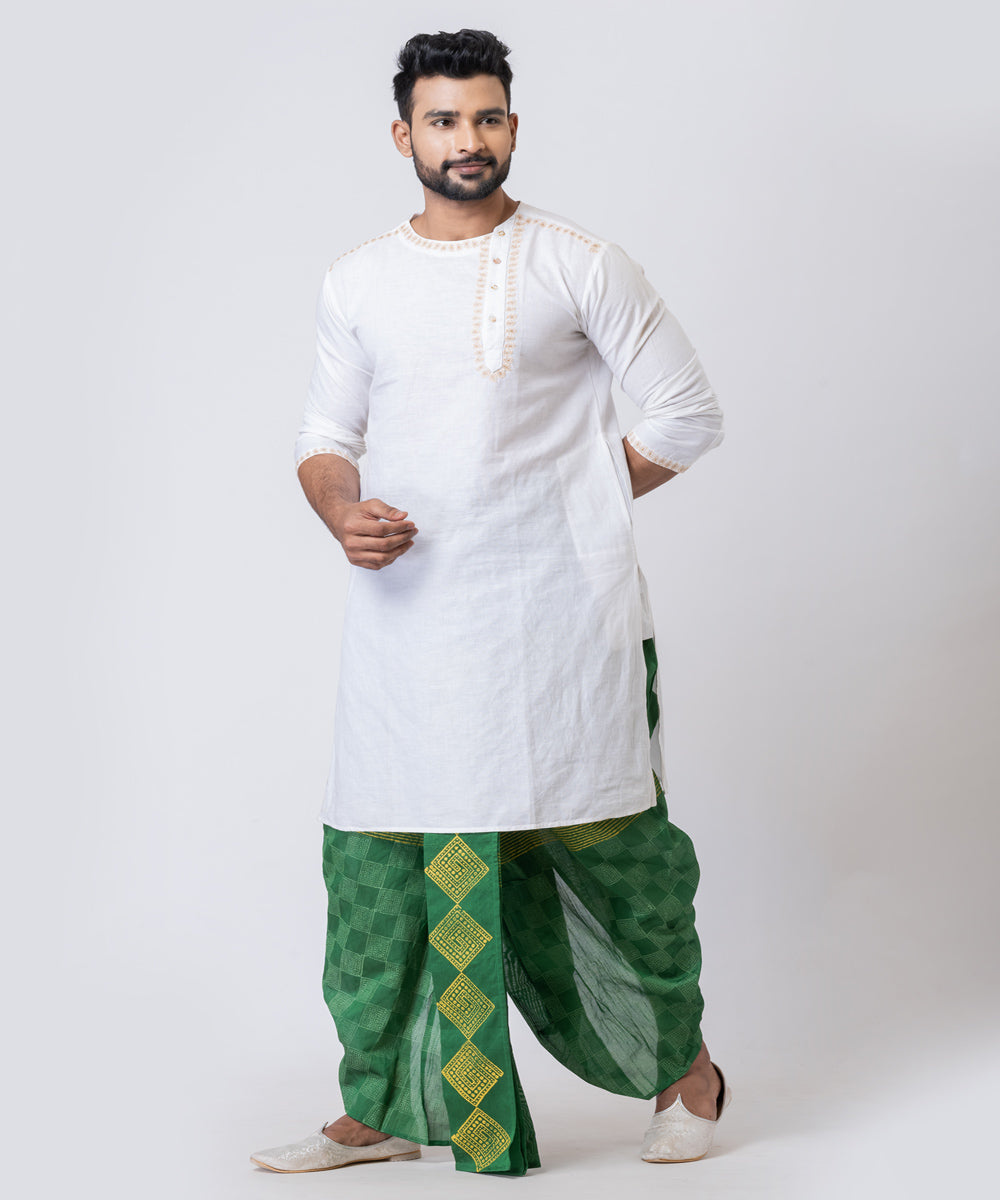 Light green hand block printed dupion silk dhoti