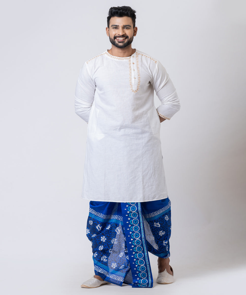 Royal blue hand block printed dupion silk dhoti