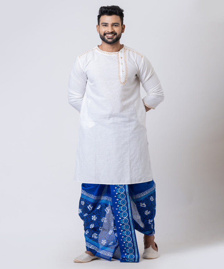 Royal blue hand block printed dupion silk dhoti