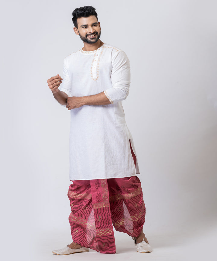 Wine red dupion silk hand block printed dhoti