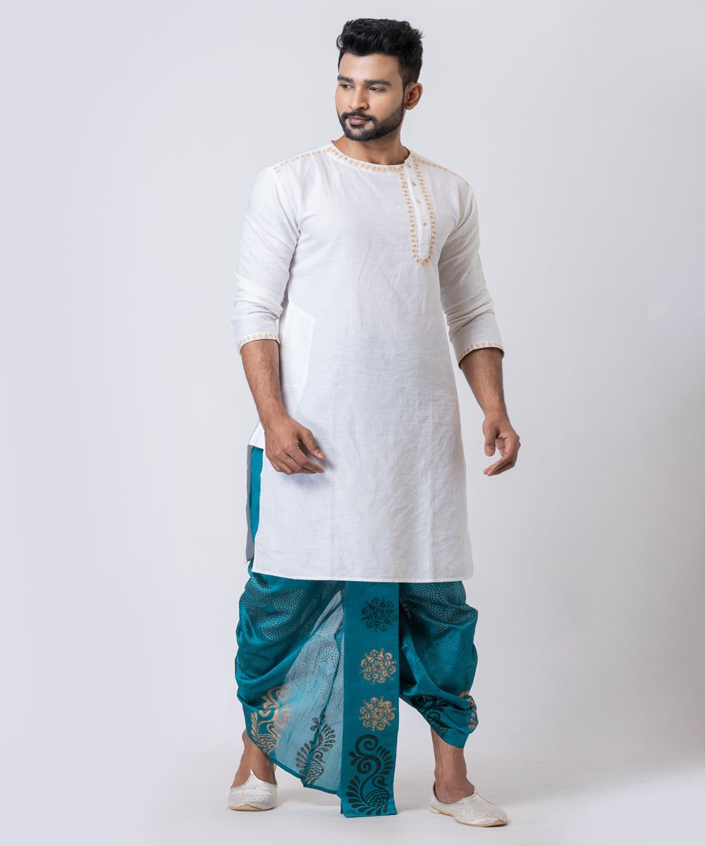 Torquise blue hand block printed dupion silk dhoti