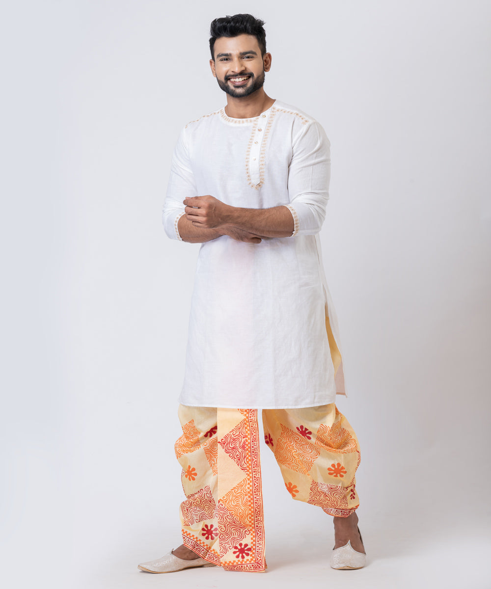 Yellow hand block printed dupion silk dhoti