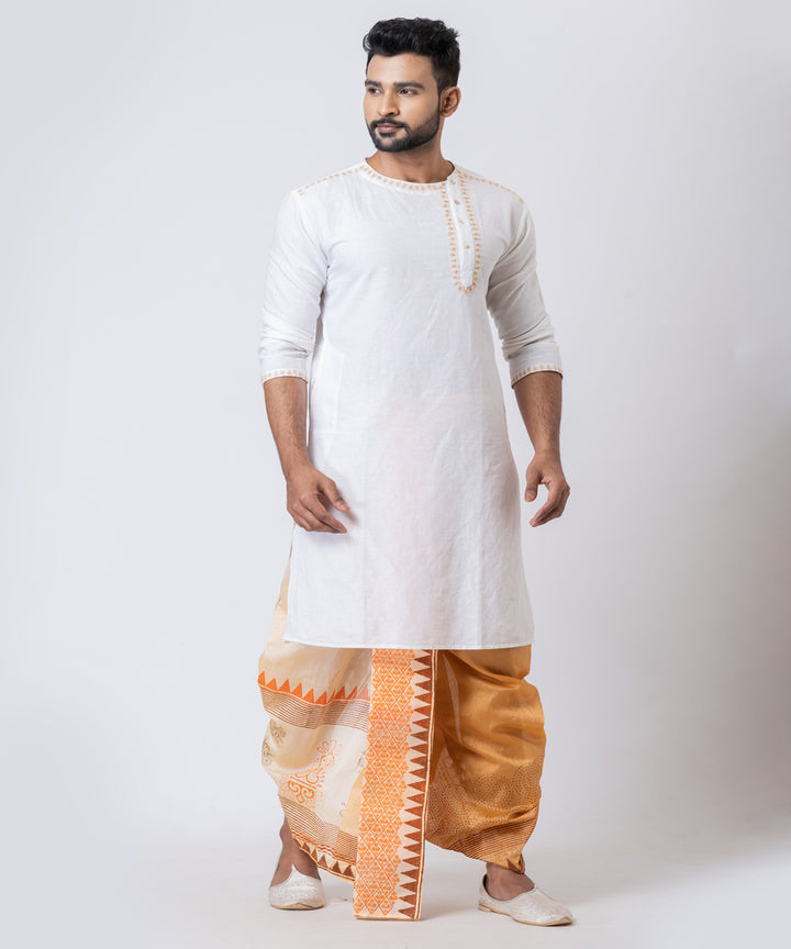 Beige brown hand block printed dupion silk dhoti