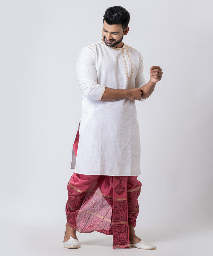 Wine red hand block printed dupion silk dhoti