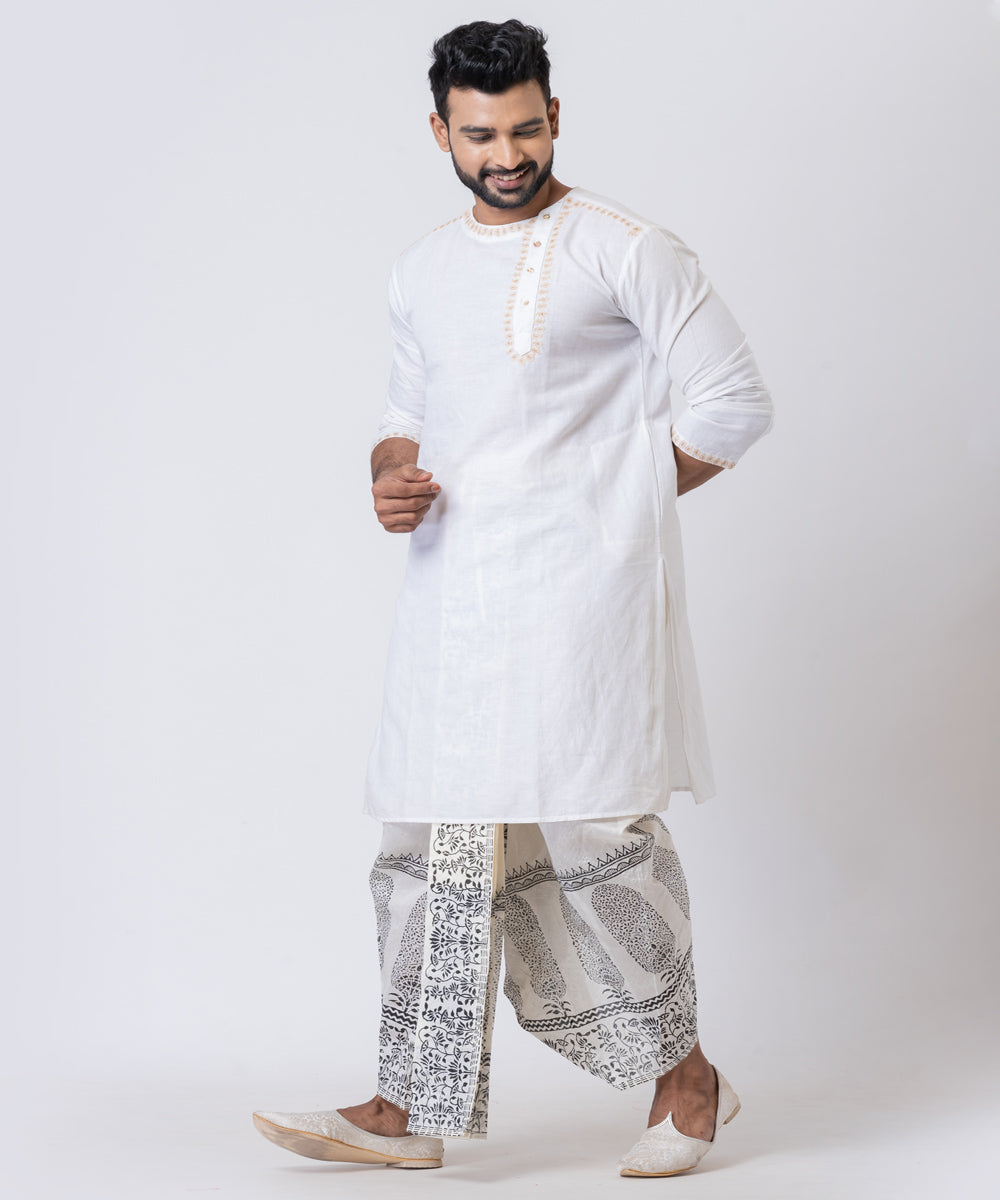 Off white hand block printed dupion silk dhoti