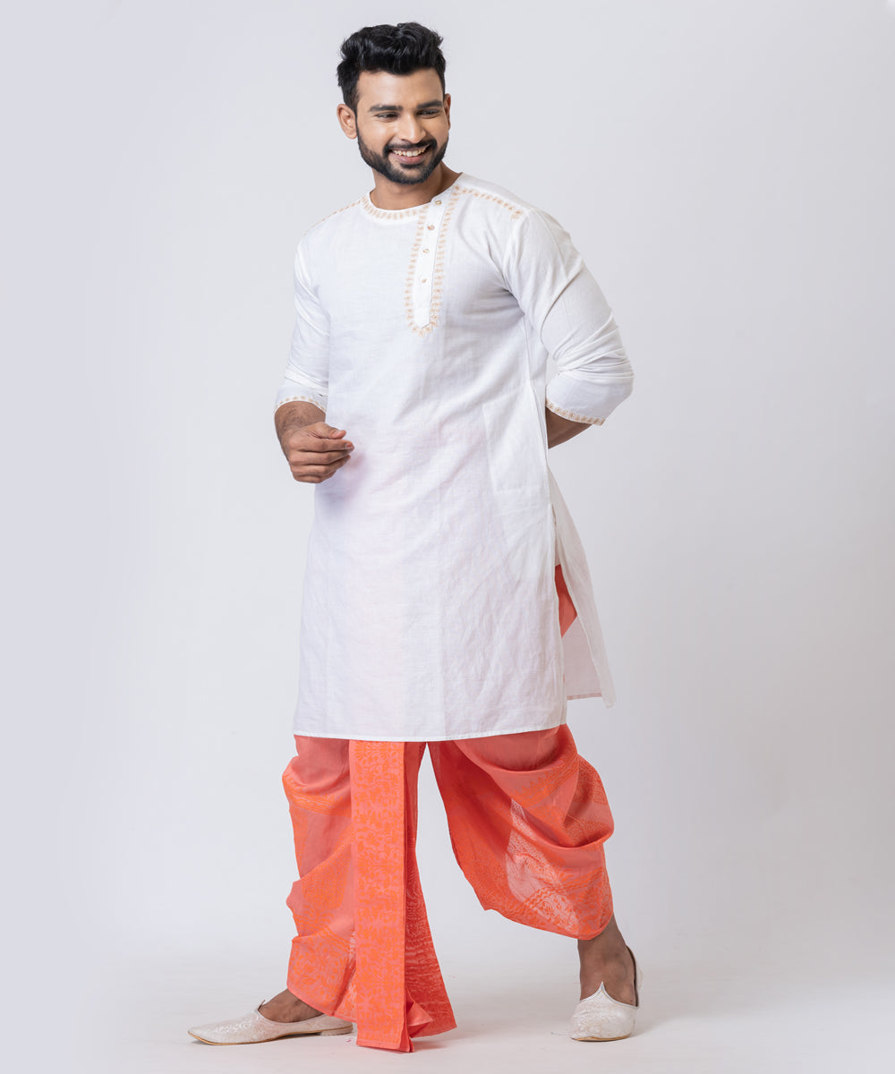 Orange hand block printed dupion silk dhoti