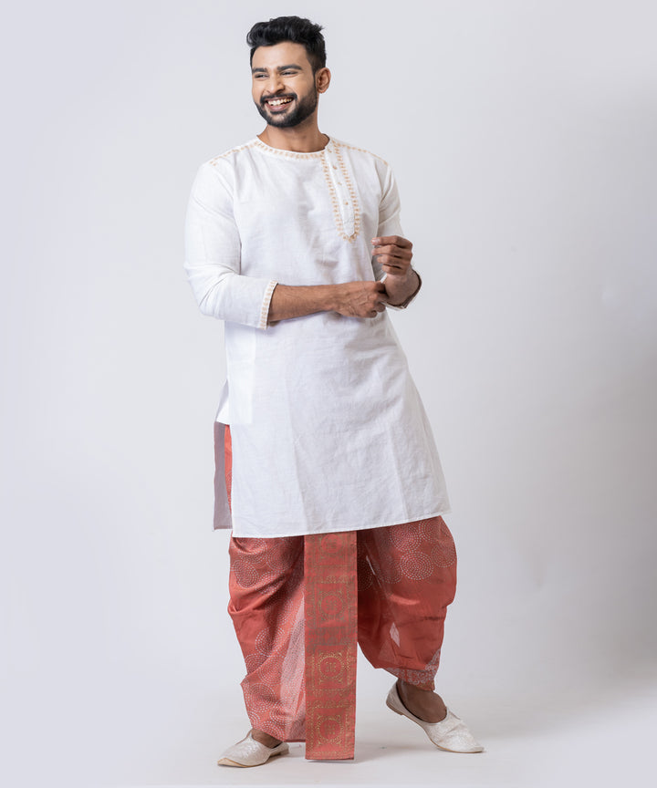 Peach hand block printed dupion silk dhoti