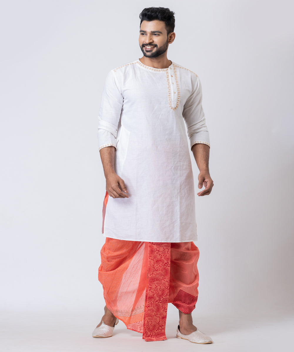 Orange dupion silk hand block printed dhoti