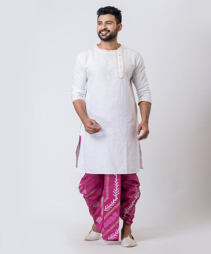 Purple hand block printed dupion silk dhoti