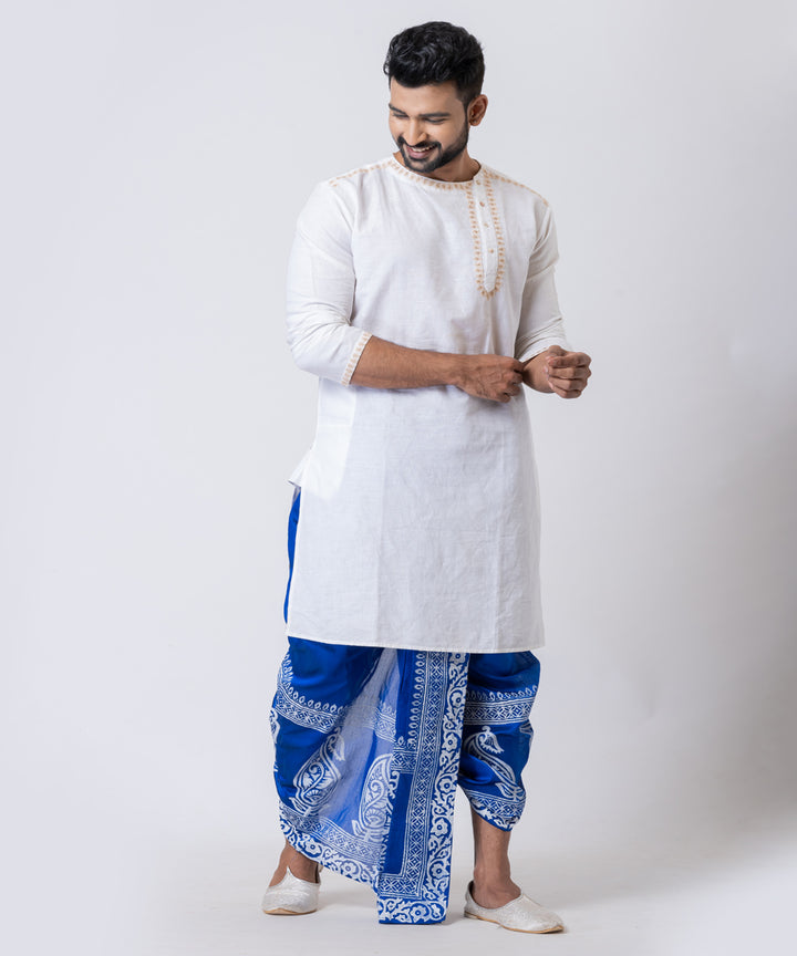 Navy blue white hand block printed dupion silk dhoti