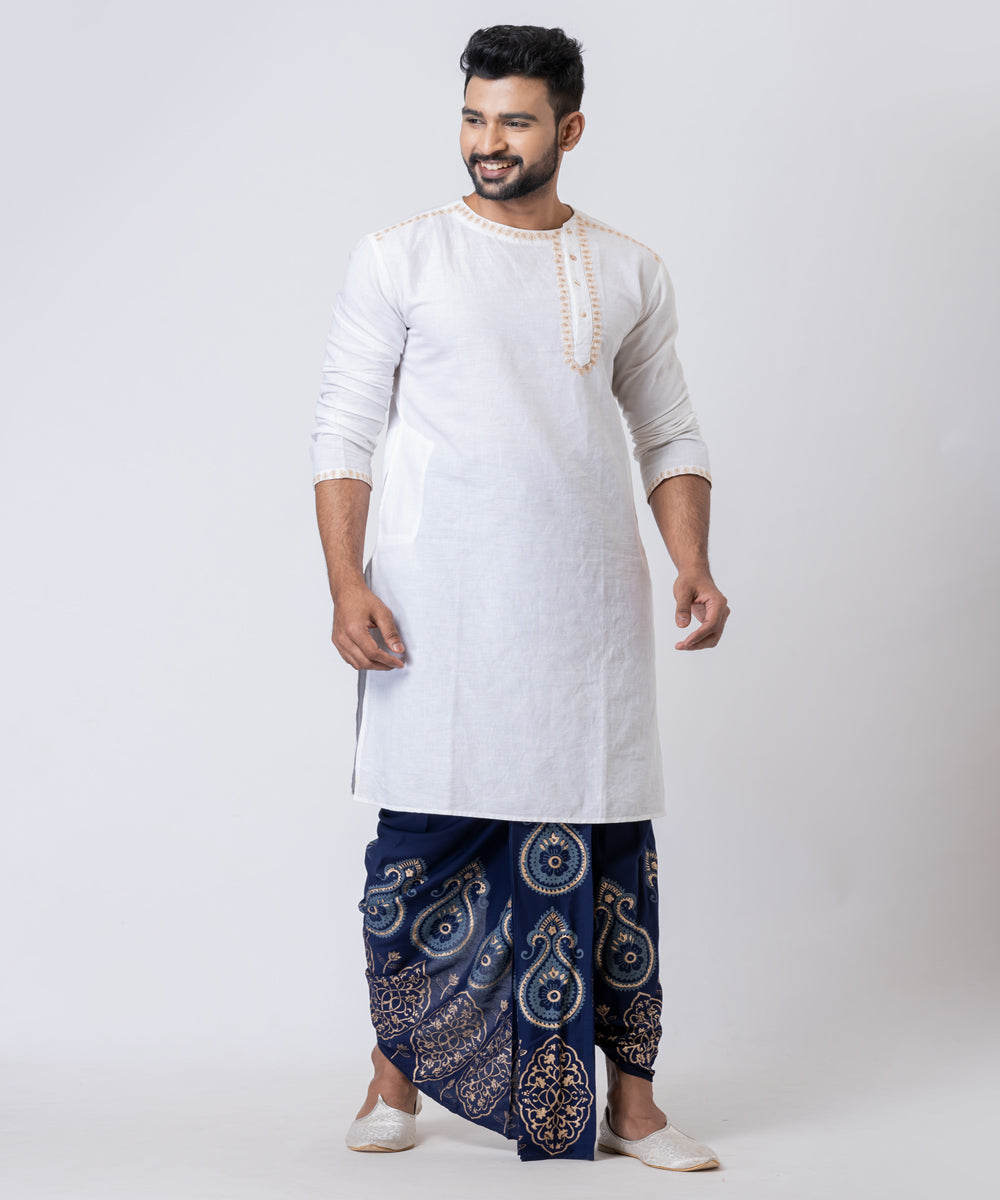 Navy blue hand block printed cotton dhoti