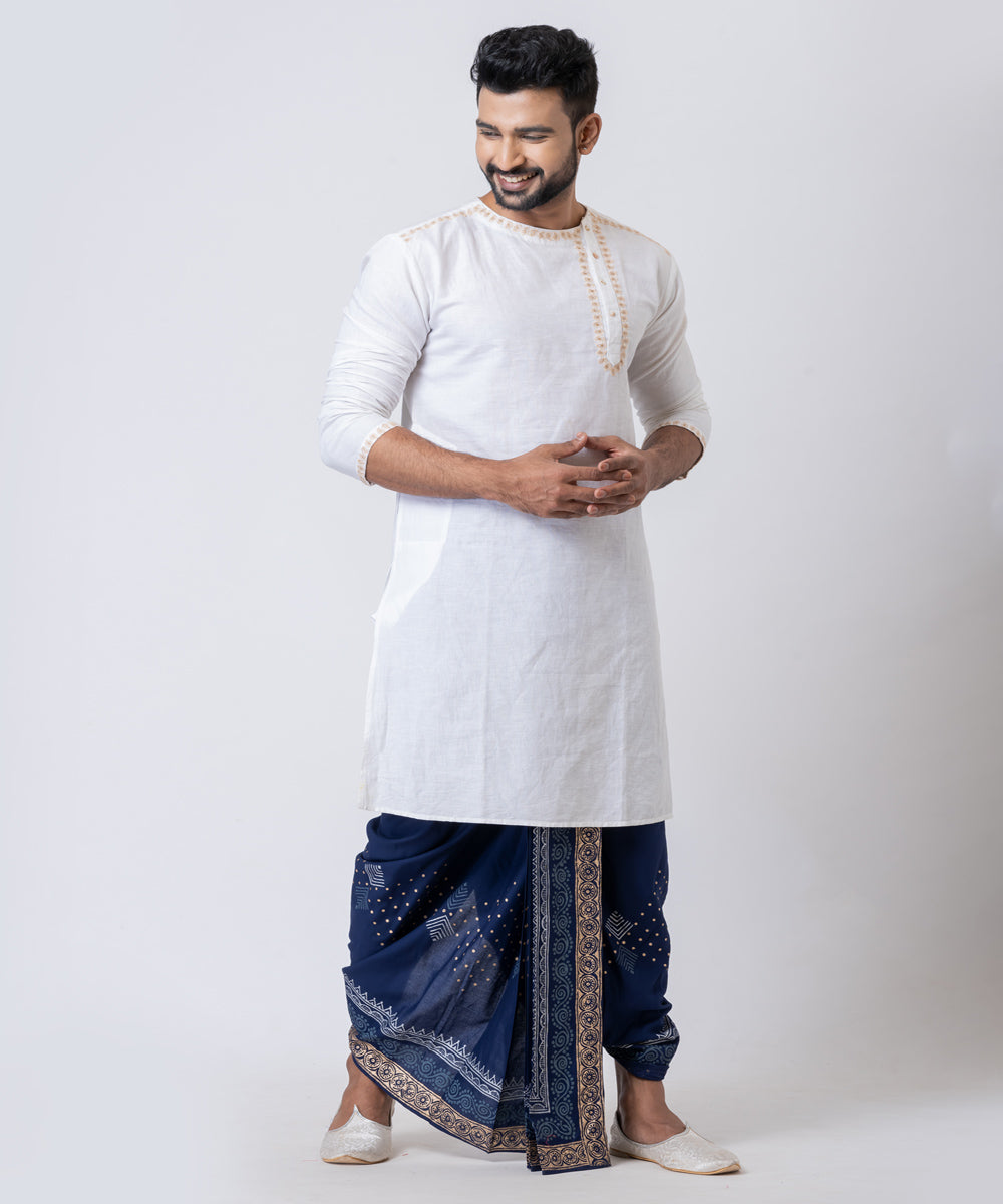 Navy blue cotton hand block printed dhoti