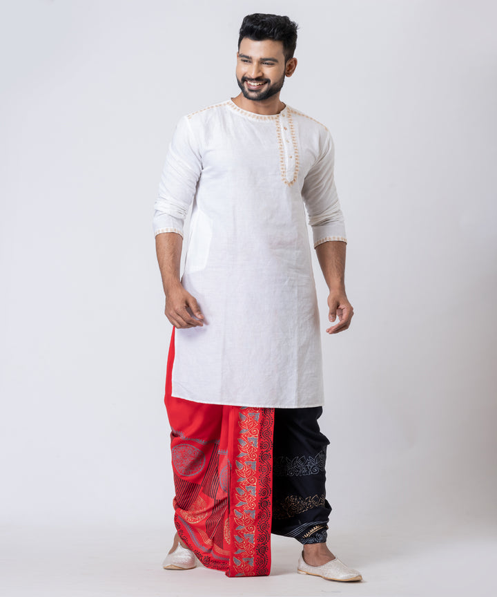 Red black hand block printed cotton rayon dhoti
