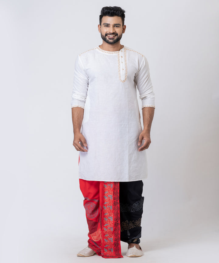 Red black hand block printed cotton rayon dhoti