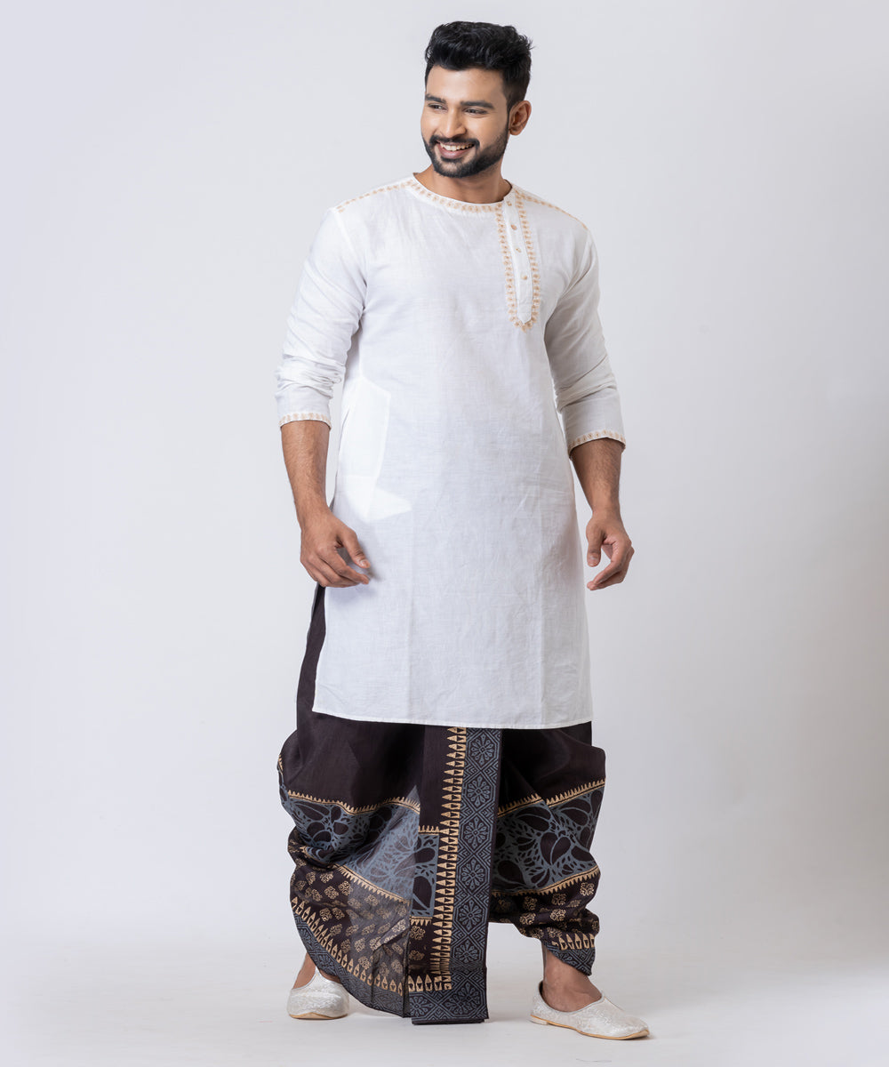 Black hand block printed dupion silk dhoti