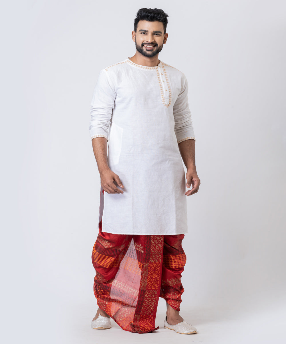 Maroon hand block printed dupion silk dhoti