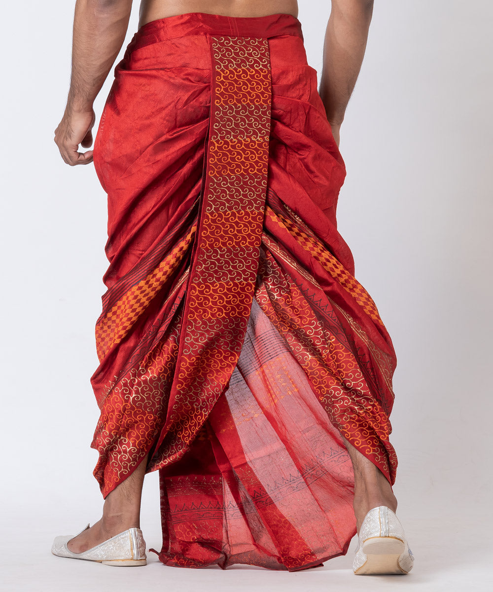 Maroon hand block printed dupion silk dhoti