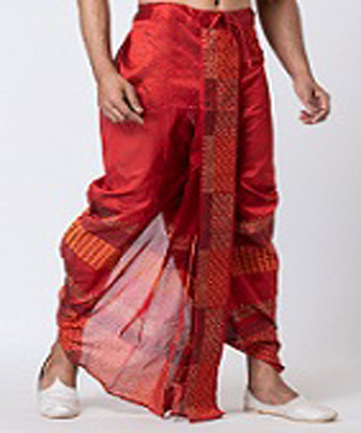 Maroon hand block printed dupion silk dhoti