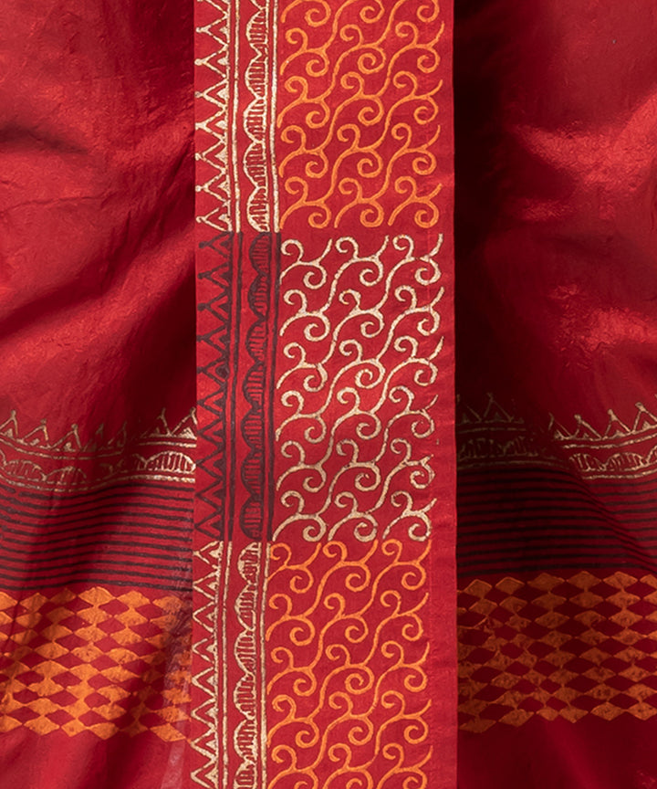 Maroon hand block printed dupion silk dhoti