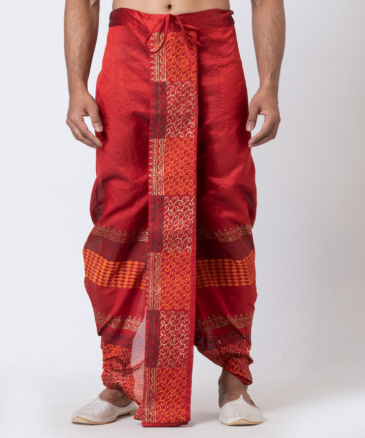 Maroon hand block printed dupion silk dhoti