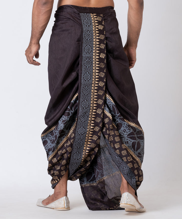 Black hand block printed dupion silk dhoti