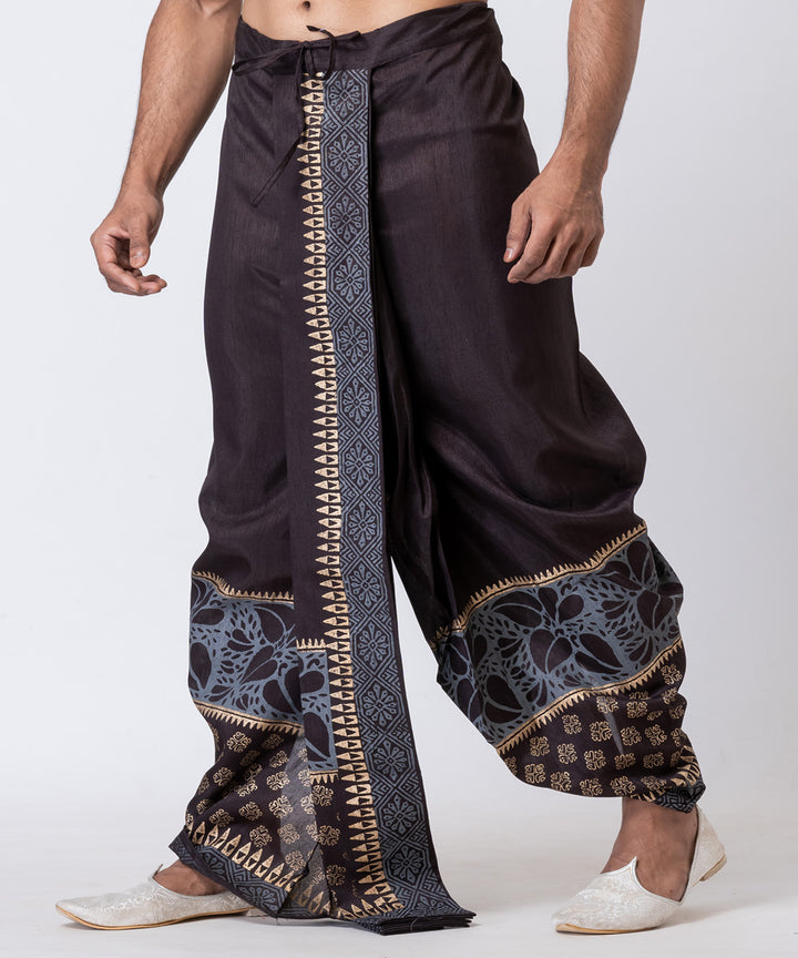 Black hand block printed dupion silk dhoti