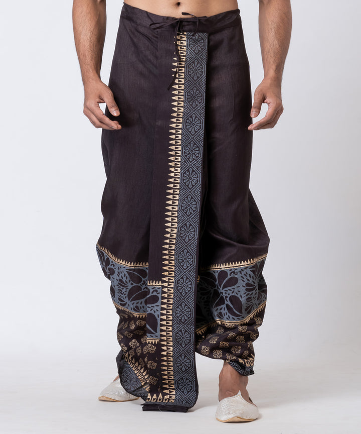 Black hand block printed dupion silk dhoti