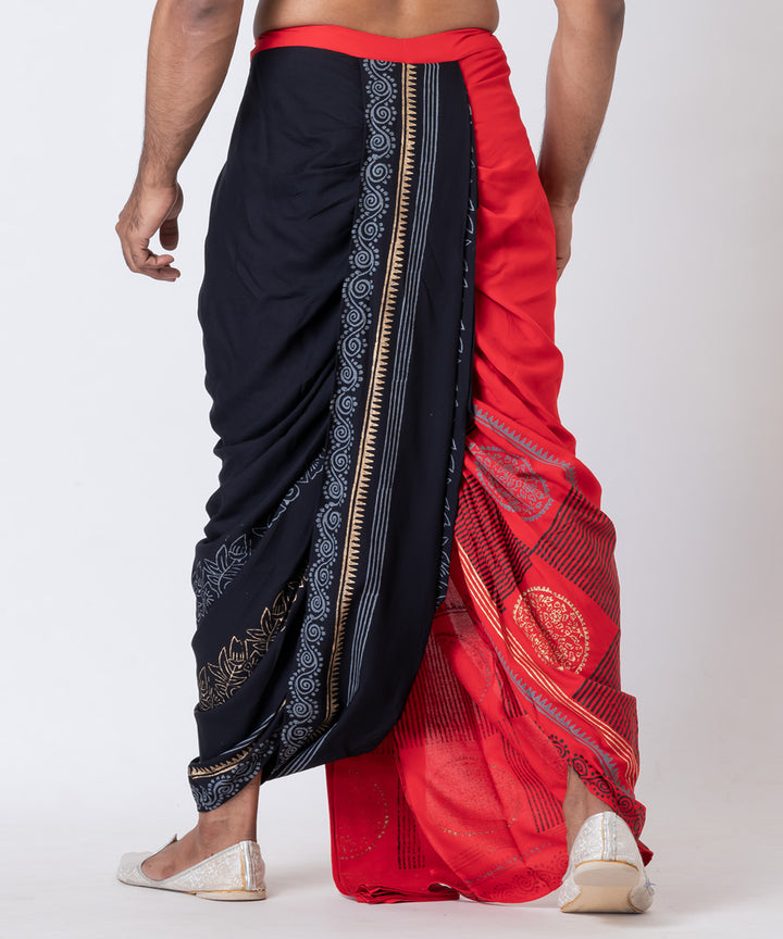 Red black hand block printed cotton dhoti