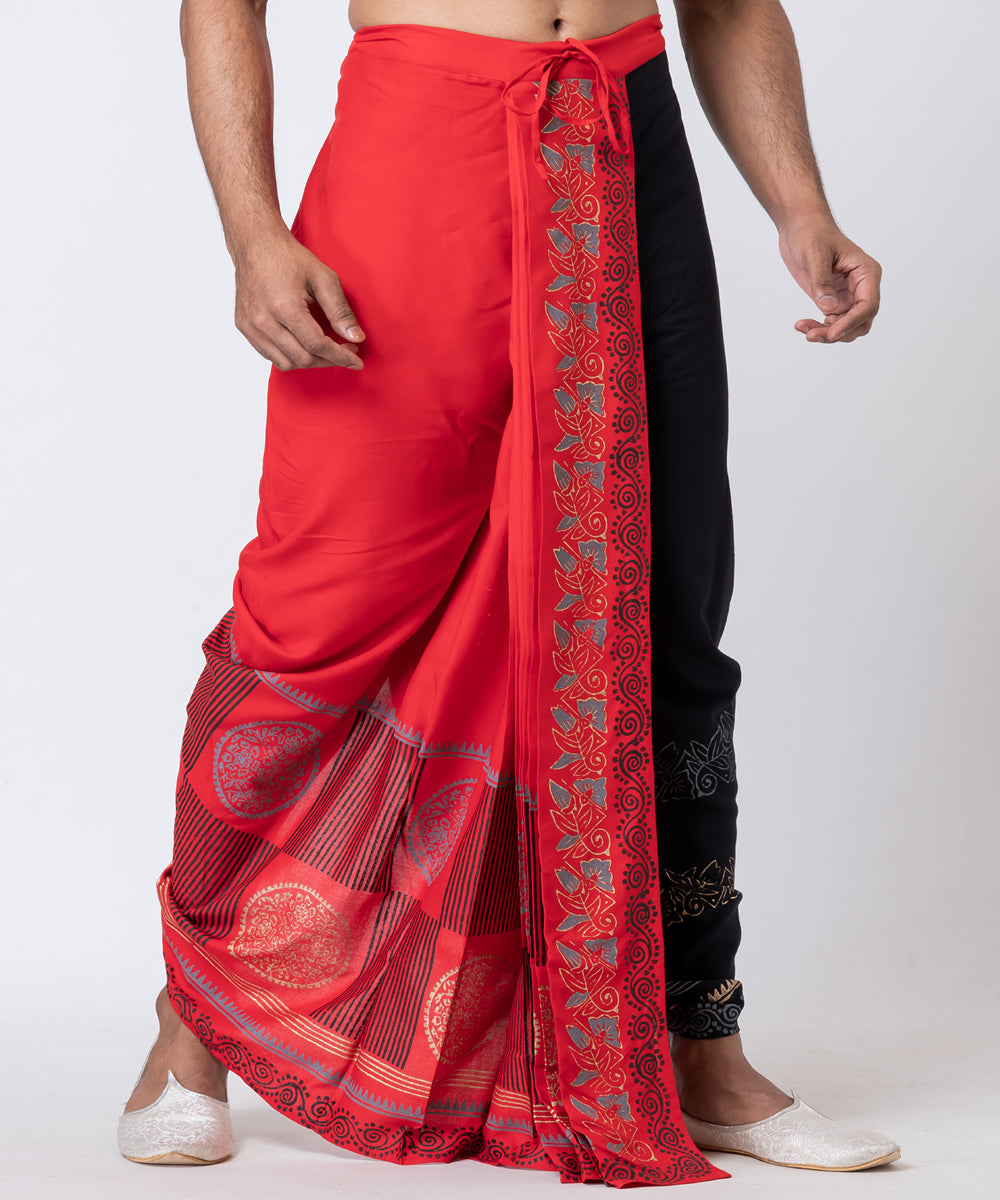 Red black hand block printed cotton rayon dhoti