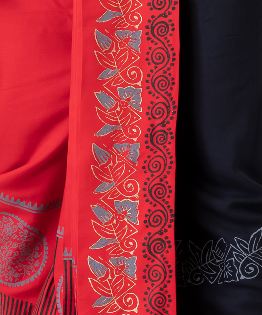 Red black hand block printed cotton rayon dhoti