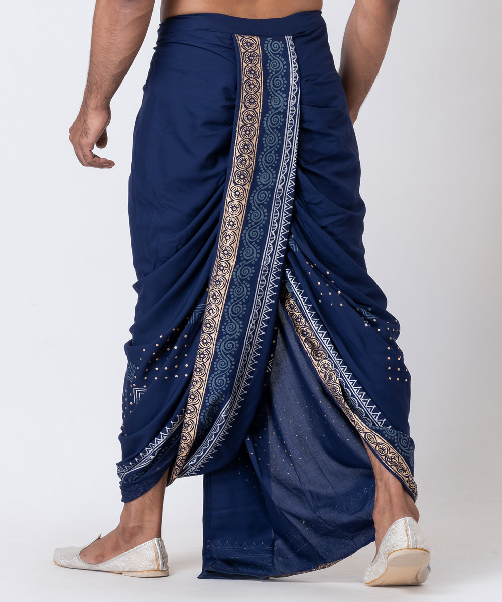 Navy blue cotton hand block printed dhoti