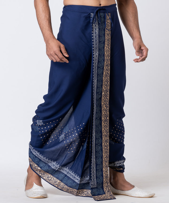 Navy blue cotton hand block printed dhoti