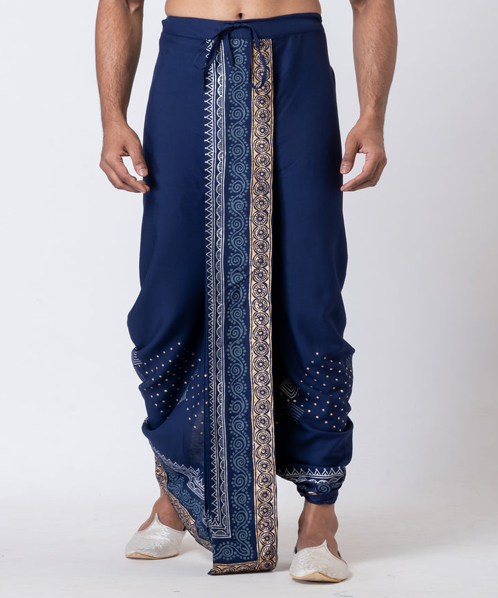 Navy blue cotton hand block printed dhoti