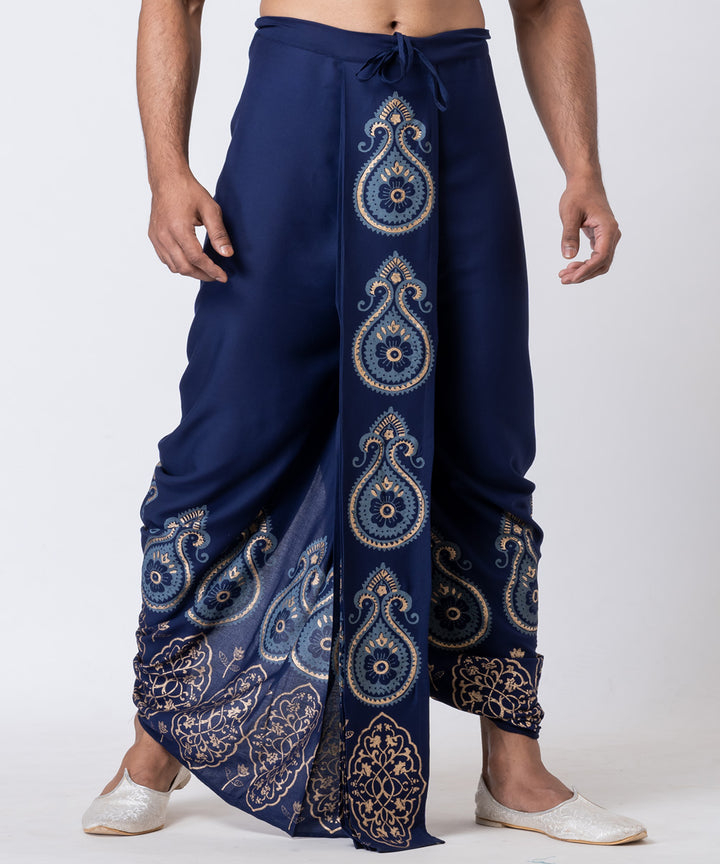 Navy blue hand block printed cotton dhoti