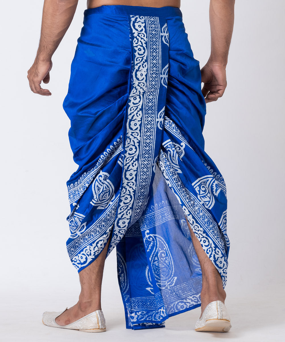 Navy blue white hand block printed dupion silk dhoti