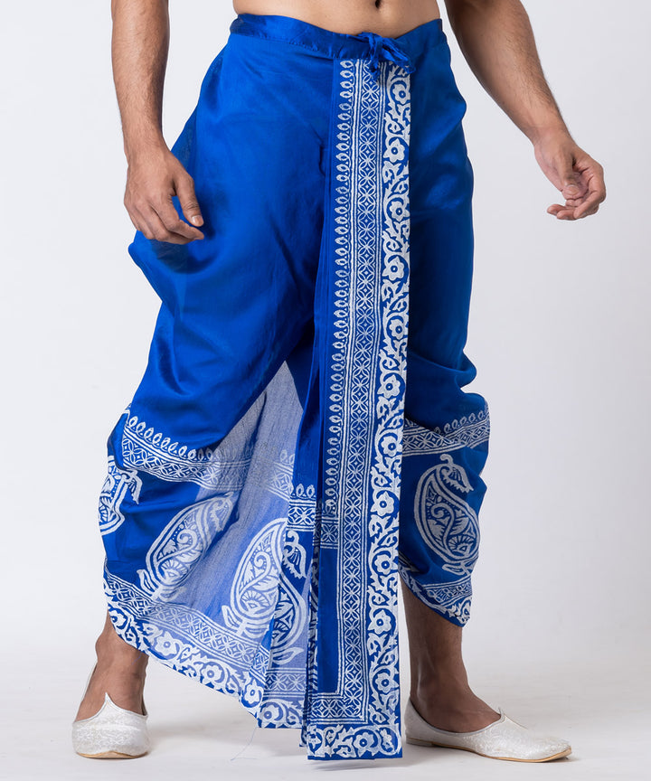 Navy blue white hand block printed dupion silk dhoti