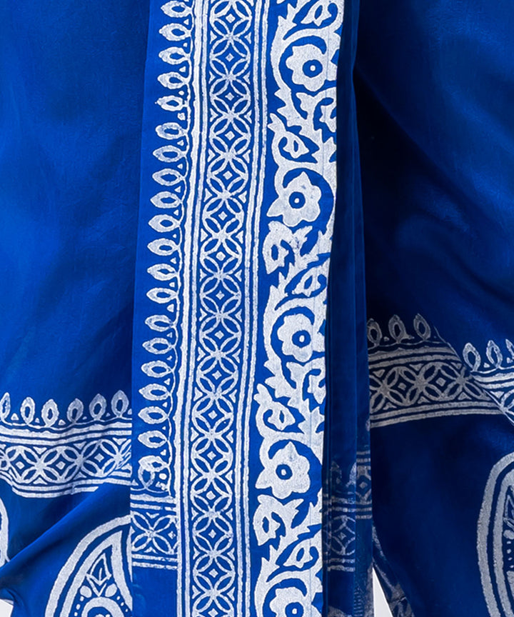 Navy blue white hand block printed dupion silk dhoti