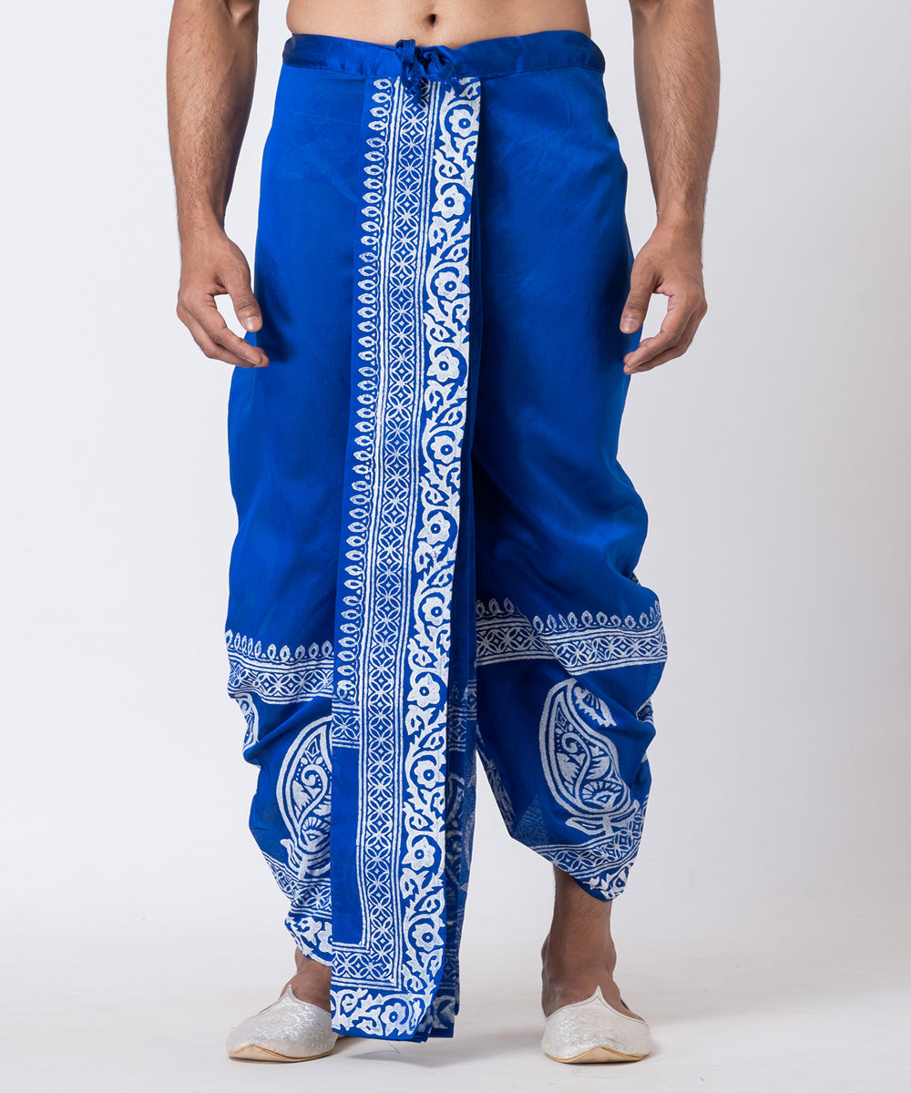 Navy blue white hand block printed dupion silk dhoti