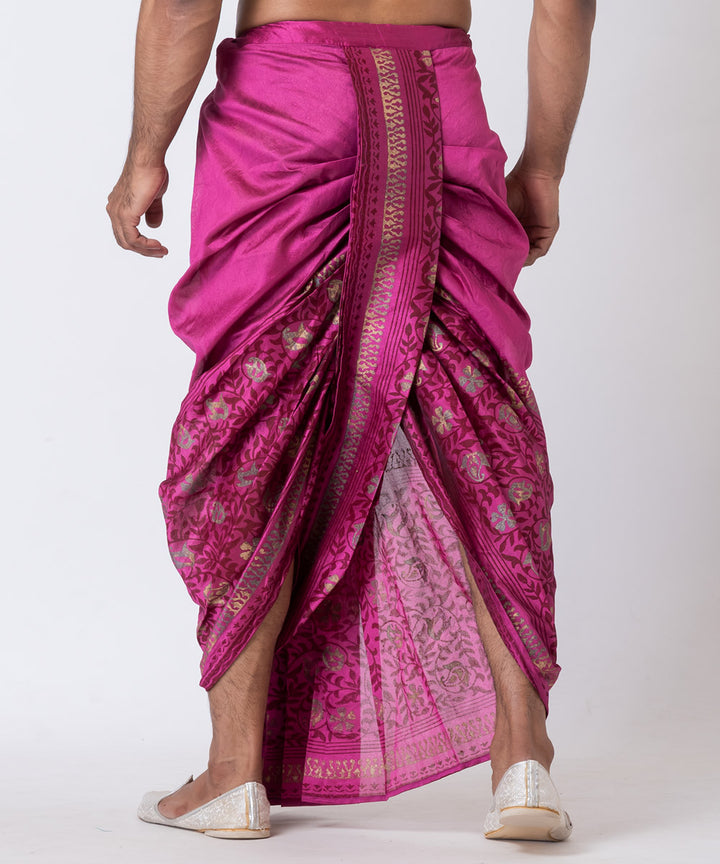 Purple hand block print dupion silk dhoti