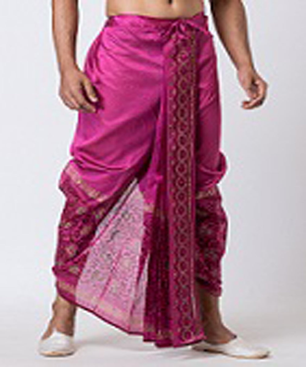 Purple hand block print dupion silk dhoti