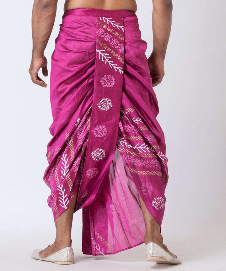 Purple hand block printed dupion silk dhoti