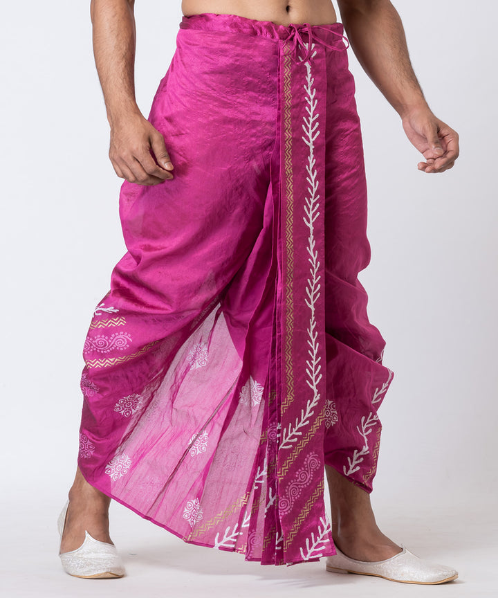 Purple hand block printed dupion silk dhoti