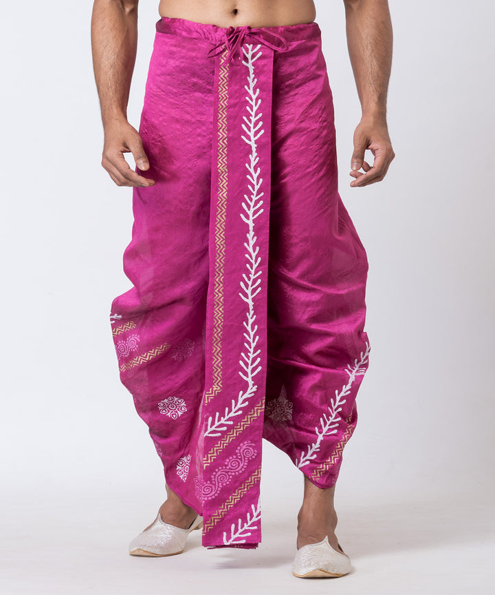 Purple hand block printed dupion silk dhoti